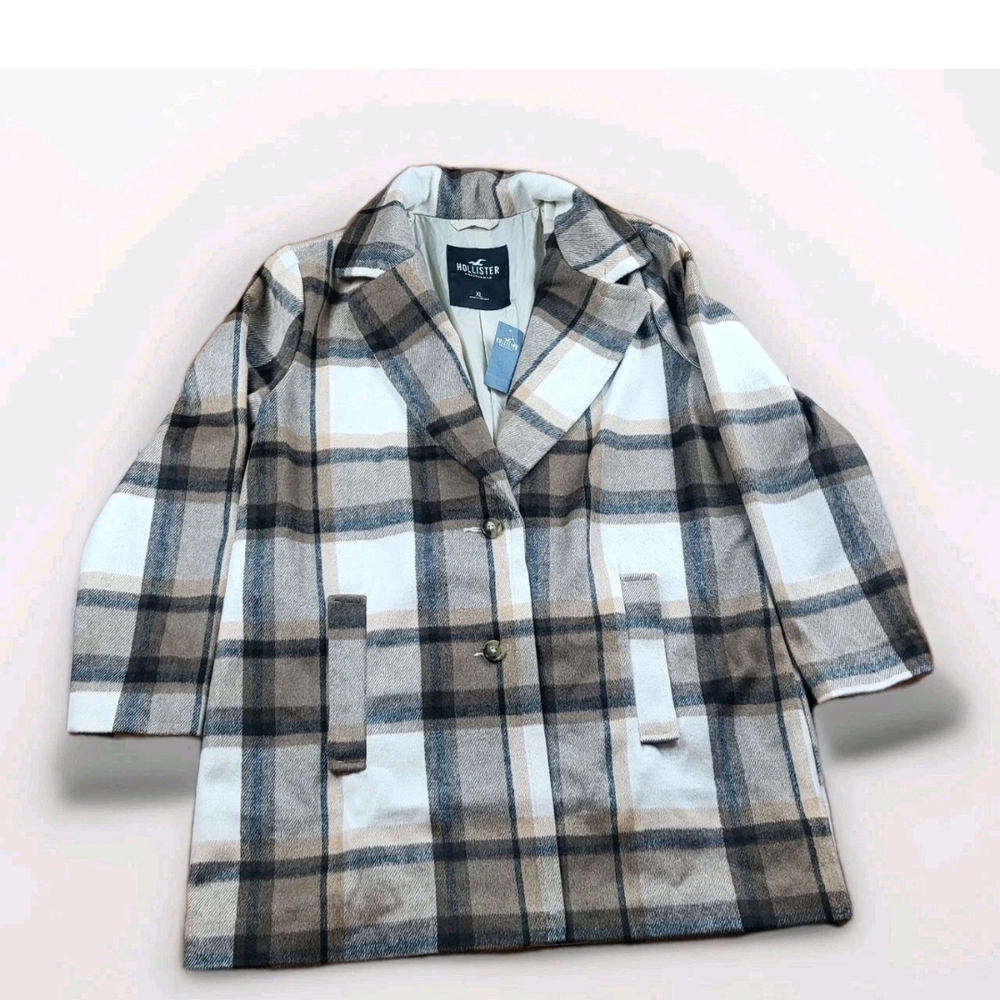 Hollister Women’s Jacket Plaid Brown Black And White Size XL Trench Fit